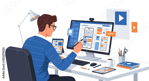 Illustration of a professional creating user interfaces for mobile applications on multiple devices