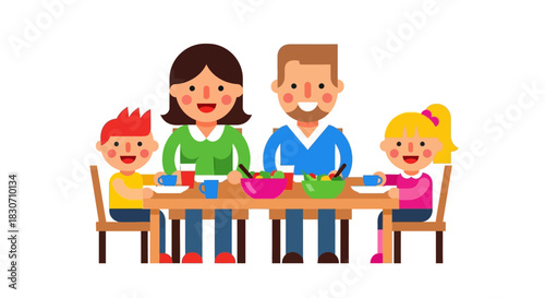 Flat vector illustration of a happy family having a meal together at a wooden table in their home