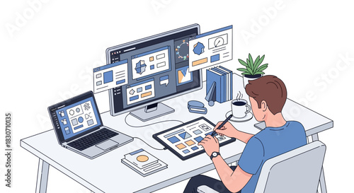 Digital artist working on creative design project with multiple screens and tablet workspace