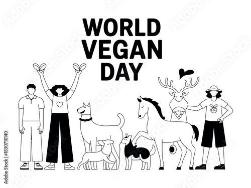 Illustration for world vegan day featuring people and various animals in black