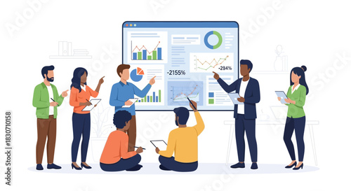 Dynamic business presentation with diverse team analyzing data metrics and charts with a vibrant