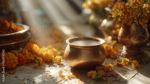 Brass milk pot (Paal Kudam) surrounded by marigold flowers. A traditional offering for the Hindu festival Thaipusam dedicated to Lord Murugan.