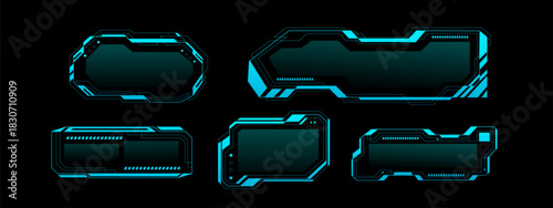 Tech frame interface with HUD gaming elements and cyber UI components. Modern digital screen with neon blue borders and cyberpunk design. Futuristic dashboard display with holographic controls.