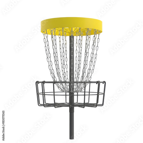 Realistic Disc Golf Basket Target with Yellow Rim and Silver Chains isolated on Transparent Background