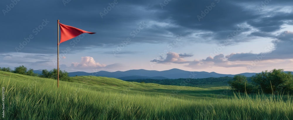 Obraz premium flag a solitary pennant waves gracefully over a tranquil meadow scene