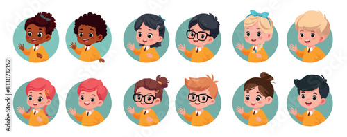 diverse kids waving hello cartoon vector illustration