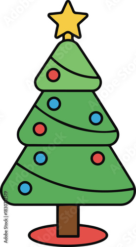 A simple cartoon Christmas tree illustration featuring green layers decorated with red and blue round ornaments and topped with a bright yellow star.
