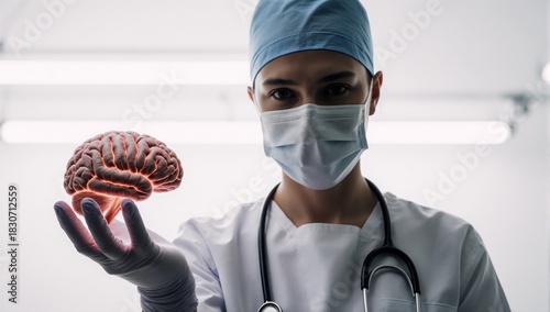 Medical professional displaying human brain to represent scientific advancement and neurological understanding
