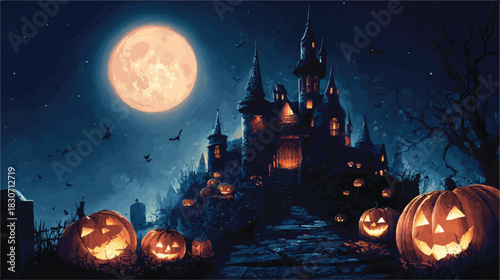Mysterious Halloween Night with Haunted Castle Pumpkin Lanterns and Full Moon