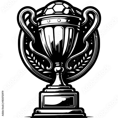 Detailed Black and White Illustration of a Classic Trophy Cup with Dual Side Handles