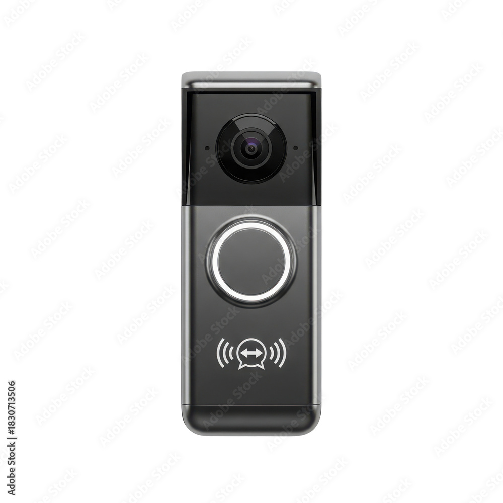 Fototapeta premium Modern Black and Silver Smart Video Doorbell Product Shot with Camera Lens and Ring Button isolated on Transparent Background