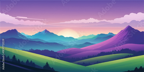 Vibrant layered mountain landscape illustration in purple and green under a retro-style sunset sky