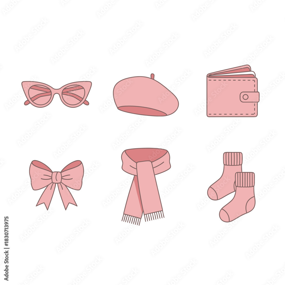 Obraz premium Collection of illustrated fashion accessories and wardrobe essentials in light pink hues