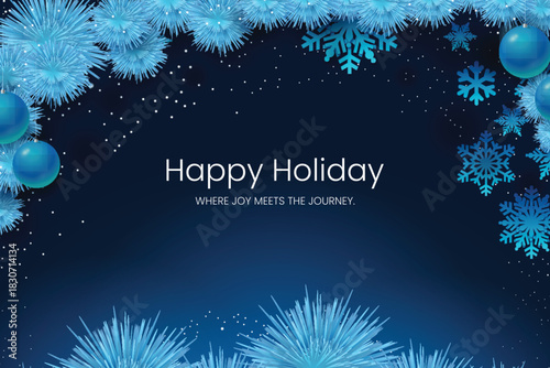 Happy holiday greeting with blue snowflakes and ornaments on dark blue background. Crafted for holiday season greetings, seasonal promotions, and winter event invites. Ideal for creating sophisticated
