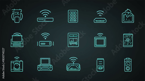 Set of smart house automation technology thin line design icons