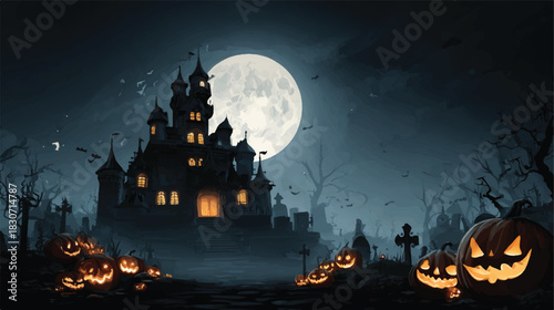 Spooky Halloween Night with Haunted Castle and Glowing Jack O Lanterns