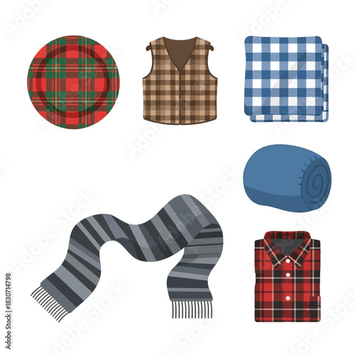 Collection of plaid and checkered textile items offering a warm and traditional aesthetic appeal