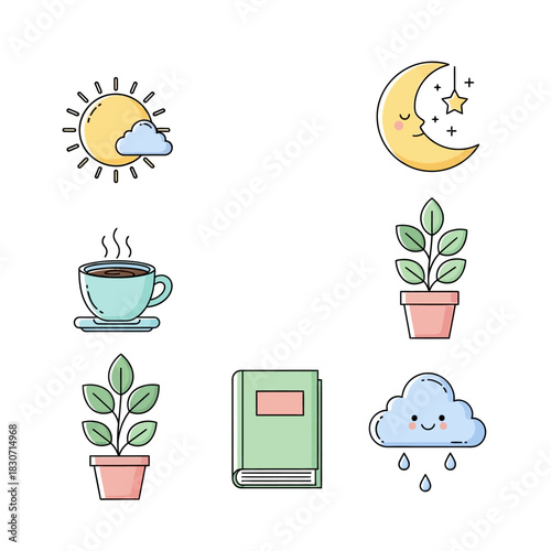 Whimsical daily routine illustrations with sun, moon, coffee, plant, book and cloud icons