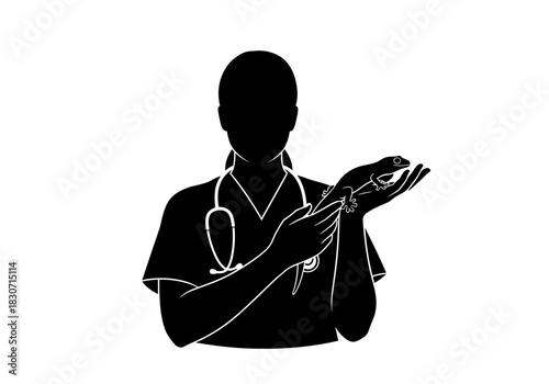 Veterinarian examining a gecko on a transparent background with a stethoscope
