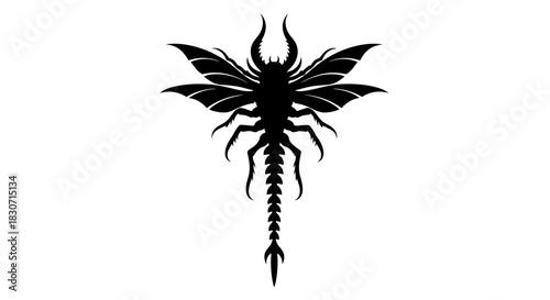 Black silhouette of a scorpion with wings and detailed design  