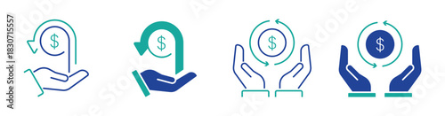 Cashback icon set with money refund symbols, featuring a hand receiving returned money and return on investment concepts – stock vector illustration.