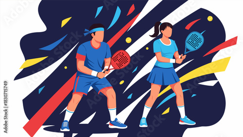 Dynamic illustration of male and female athletes passionately engaged in a competitive racket sport, showcasing teamwork and athletic prowess in a vibrant, energetic match