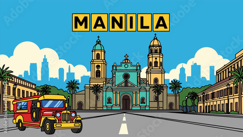 Manila Philippines Colorful Vector Illustration with Jeepney and Cathedral