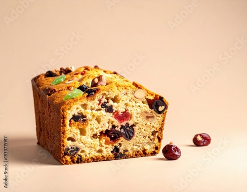Appealing golden fruitcake loaf is beautifully presented on a simple warm background, featuring a generous mix of dried colorful fruits and crunchy nuts.