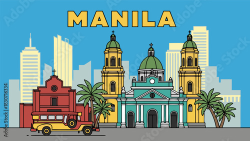 Colorful vector illustration of the Manila, Philippines cityscape with famous landmarks like the Cathedral and a traditional Jeepney c