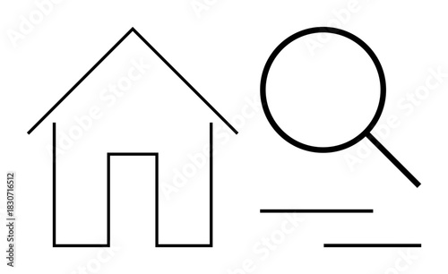 Simple house sketch paired with magnifying glass and horizontal lines. Ideal for real estate, property search, home inspection, research, simplification, focus, minimalism, and simple flat metaphor
