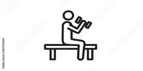 Human with small dumbbell and chair thin line icon, body building concept. Vector graphics. Athlete man on bench, training sign on white background, style icon mobile or web design.
