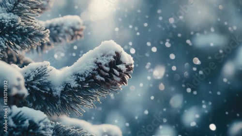 Close-up shot of a pine tree branch covered in fresh snow, ideal for winter-themed designs and scenes