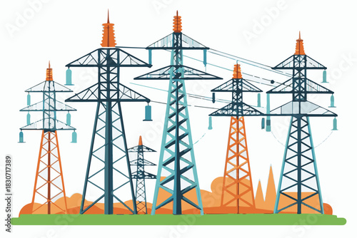 High voltage electric power transmission towers carry the industrial supply lines across the blue sky