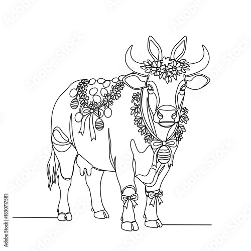 Decorated festival ox with floral garlands line art, detailed black and white outline of sacred cow adorned with flowers, bells, ornaments, symbol of celebration, harvest, culture and rural tradition