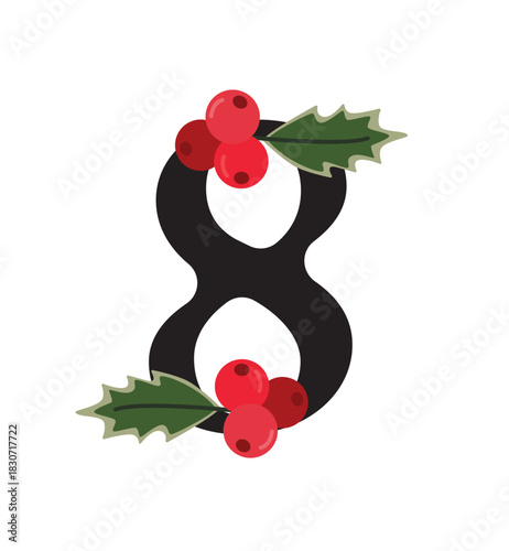 Christmas Number 8 with Holly Leaves and Red Berries Festive Vector Illustration for Advent Calendar and Holiday Designs.