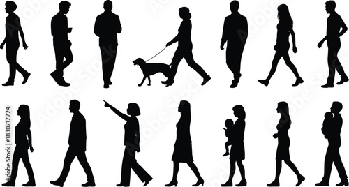 Walking people silhouettes, diverse men and women figures, casual pedestrians with children and dog, black vector icons.