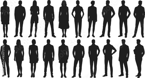 People standing silhouettes, diverse group of men and women, full length figures in casual poses, urban crowd vector.