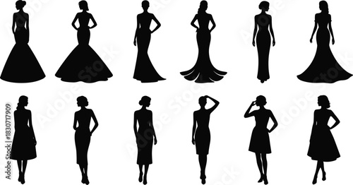 Fashion women silhouettes, set of female models in evening and cocktail dresses, elegant black vector icons.