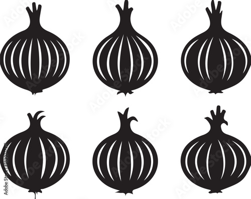 Set of fresh organic red, yellow, and brown onion bulbs icons isolated on white background