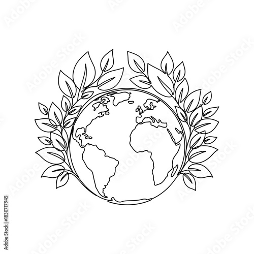 Earth with leaves eco emblem black and white line art, simple outline of globe framed by leafy branches, symbolizing sustainability, nature protection, environmental awareness and green lifestyle