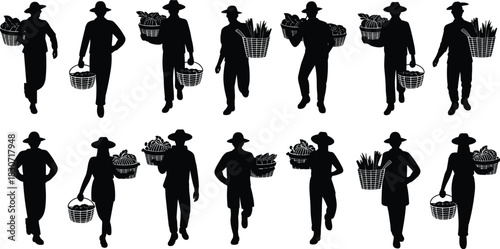 Farmers and gardeners silhouettes, people holding harvest baskets, men and women carrying vegetables, agriculture workers vector set.