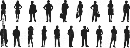 Diverse group of business people silhouettes, professional men and women standing in varied poses, full length vector set.