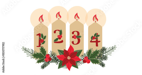 Advent Candles 1 to 4 with Holly and Poinsettia Festive Vector Illustration for Christmas Countdown and Holiday Decor.