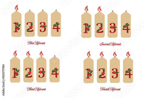 Advent Candle Set for First to Fourth Sunday with Numbers and Flames Flat Vector Illustration for Christmas Countdown.