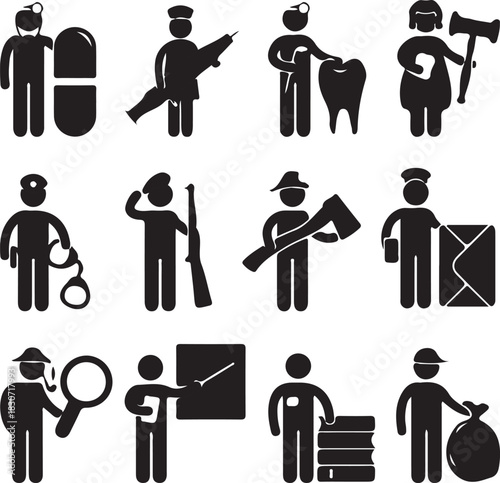 Black silhouette vector icon set of business people symbols, figures, and pictograms for work and office management