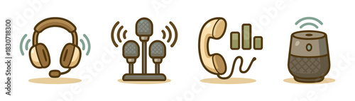 Cartoon telecom and voice devices icons set