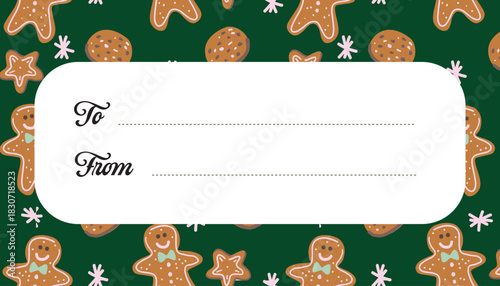 Christmas Gift Tag with Gingerbread Cookies on Dark Green Background Cute Hand Drawn Vector Label with To From Format.