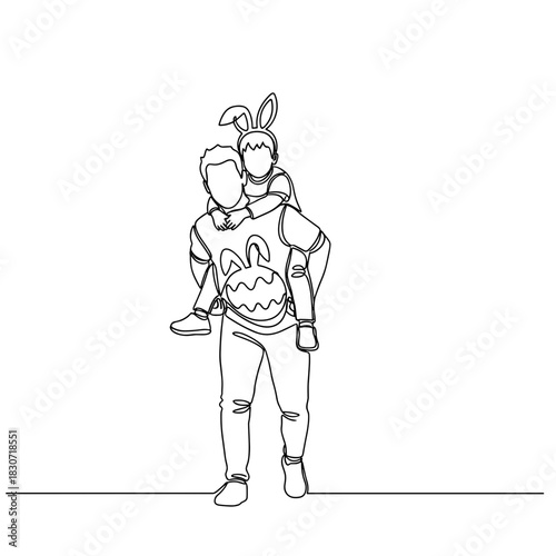 Father giving piggyback ride to child in bunny ears line art, happy dad carrying kid on back in easter costume, playful family moment and joyful parent child bond