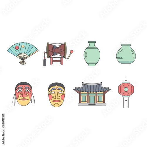 Cultural Korean icons representing heritage and artistry in a modern linear style artwork
