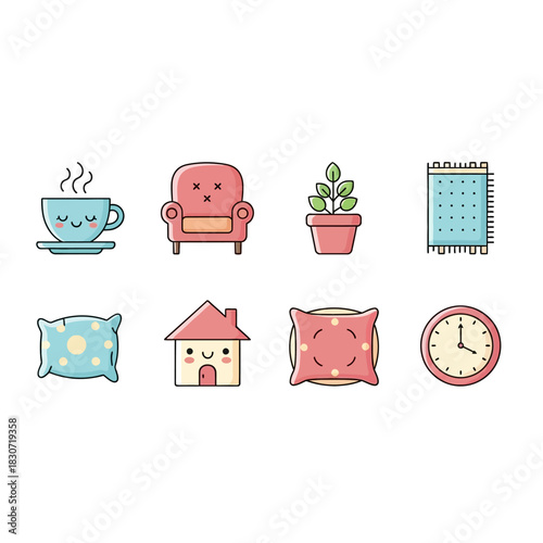 Collection of charming animated objects creating a warm and welcoming atmosphere illustration